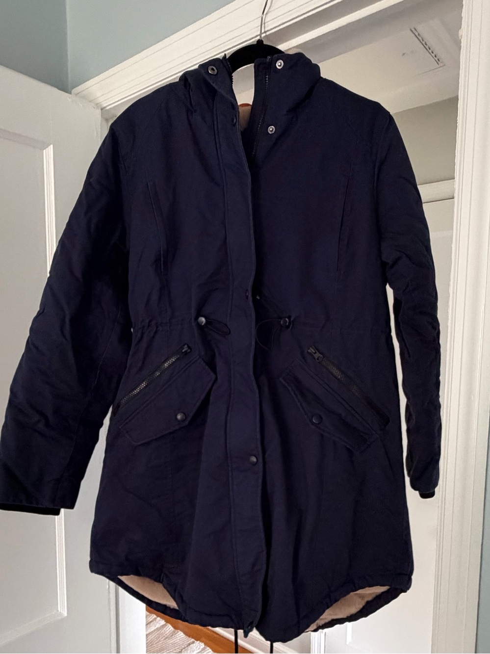 Women's Navy Hooded Puffer Coat with Drawcord Waist